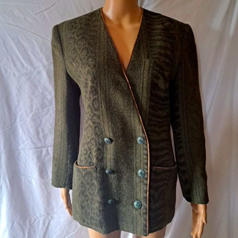 Vtg Jean Louis Sherrer Paris Double Breasted Olive Green Animal Print Blazer